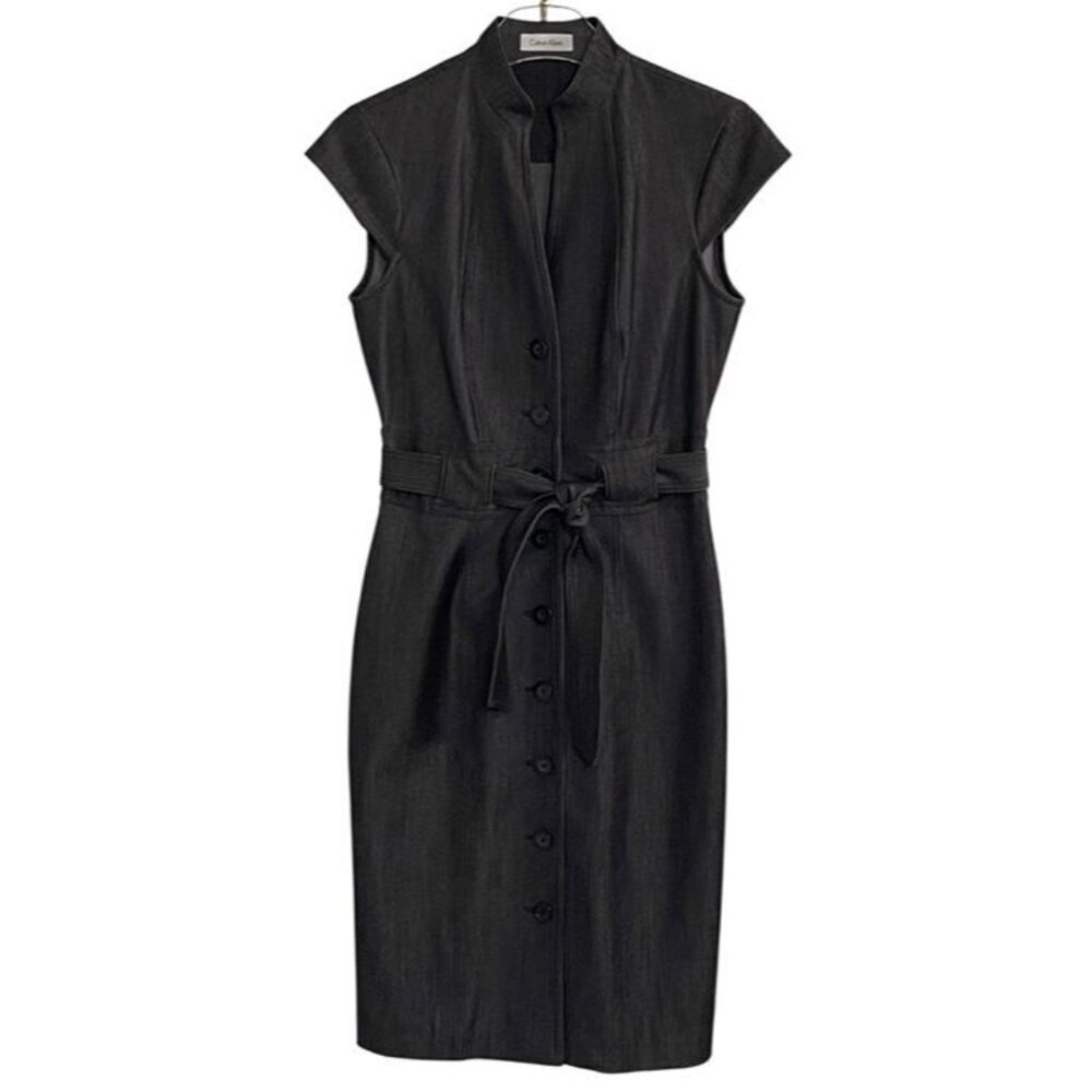 Calvin Klein Button-Up Cap Sleeve Belted Sheath Dress Size 4 Black